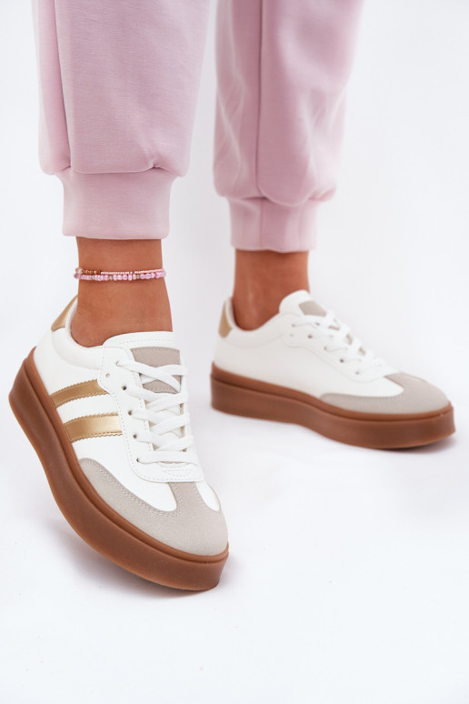 Sneakers tüüpi jalanõud Pealiste omad platvormiga eko-nahast Valget-Kuldset värvi Elaraven Sneakers tüüpi jalanõud Pealiste omad platvormiga eko-nahast Valget-Kuldset värvi Elaraven