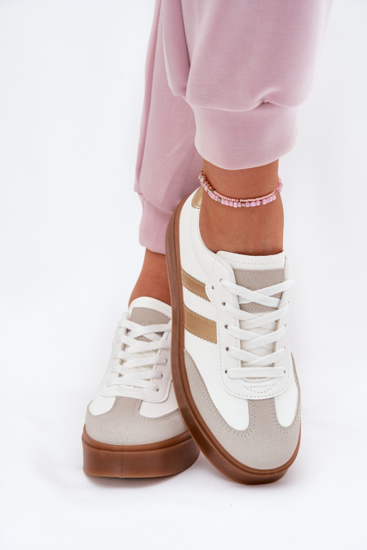 Sneakers tüüpi jalanõud Pealiste omad platvormiga eko-nahast Valget-Kuldset värvi Elaraven Sneakers tüüpi jalanõud Pealiste omad platvormiga eko-nahast Valget-Kuldset värvi Elaraven