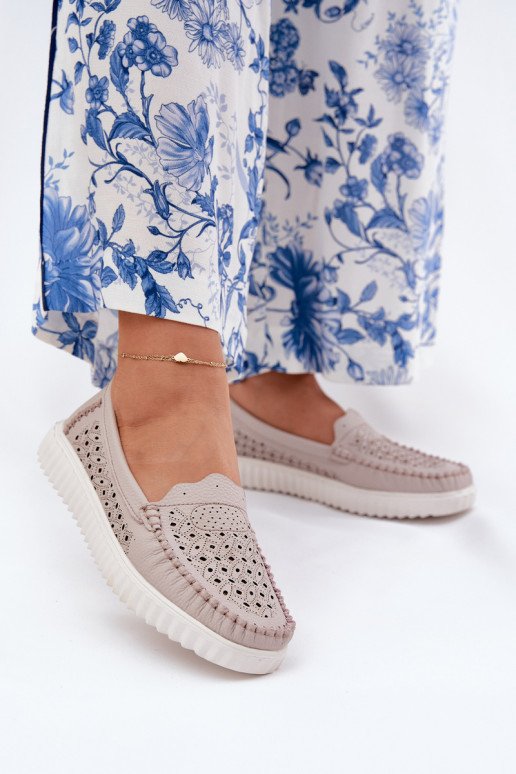 Pealhk naiste mokassiinid Ažuurse mustriga Vinceza 88028 beeži värvi