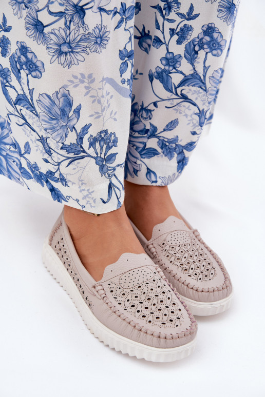 Pealhk naiste mokassiinid Ažuurse mustriga Vinceza 88028 beeži värvi