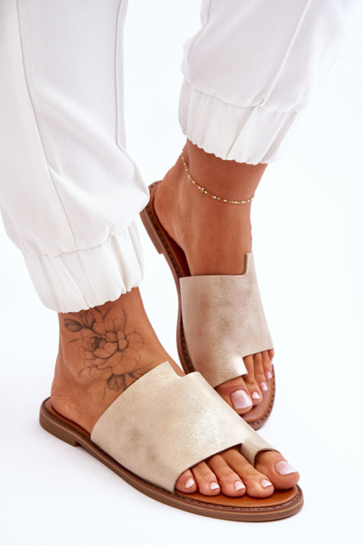 Pealiste omad Plätud naturaalsest nahast moodsad varbavahe-sandaalid Hele kuldne Amite