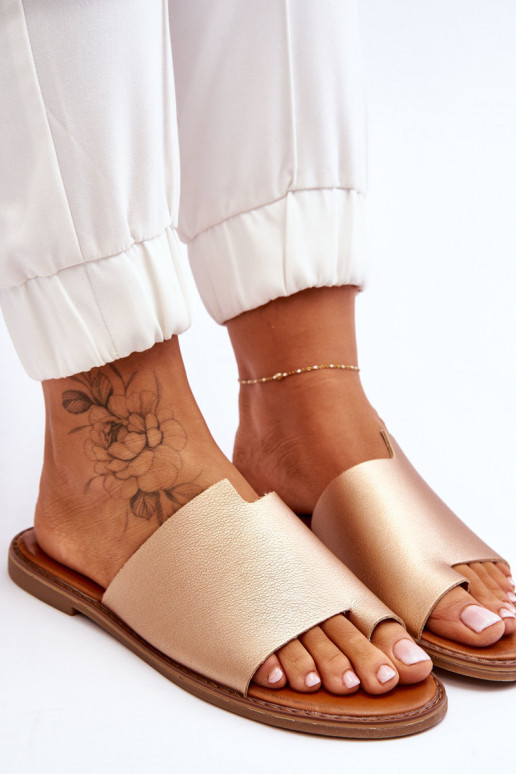 Pealiste omad Plätud naturaalsest nahast moodsad varbavahe-sandaalid Kuldset värvi Amite