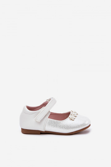 Valgete värvi laste ballerinas kinnitustega ja lillemotiividega, „Nikione" 2