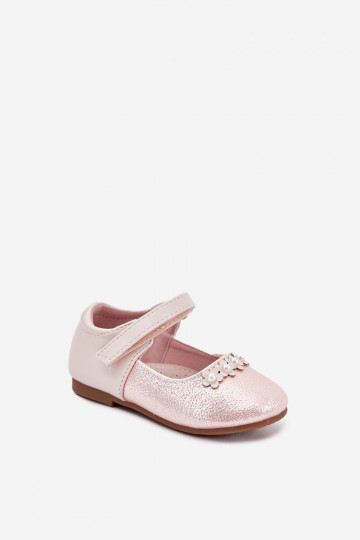 Roosa värvi laste ballerinas kinnitustega ja lillemotiividega, „Nikione"