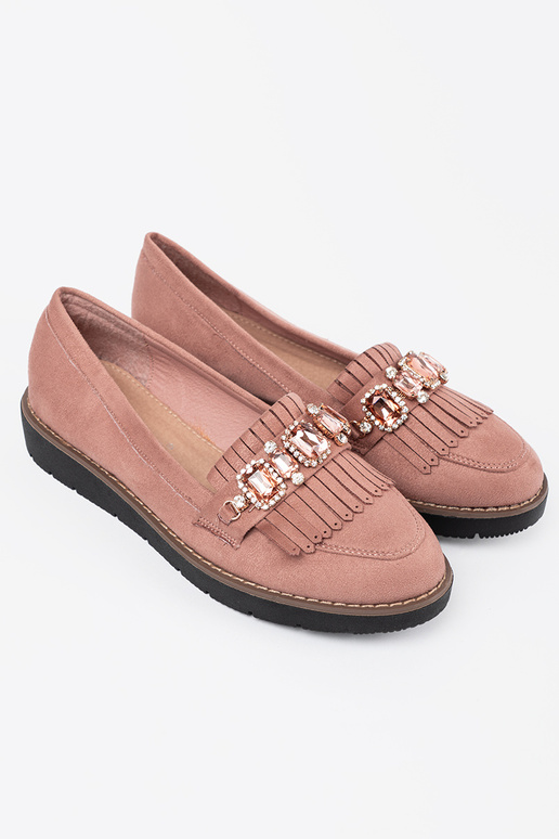 Tumeroosad värvi seemisnahk mokassiinid kaunistatud kristallidega
