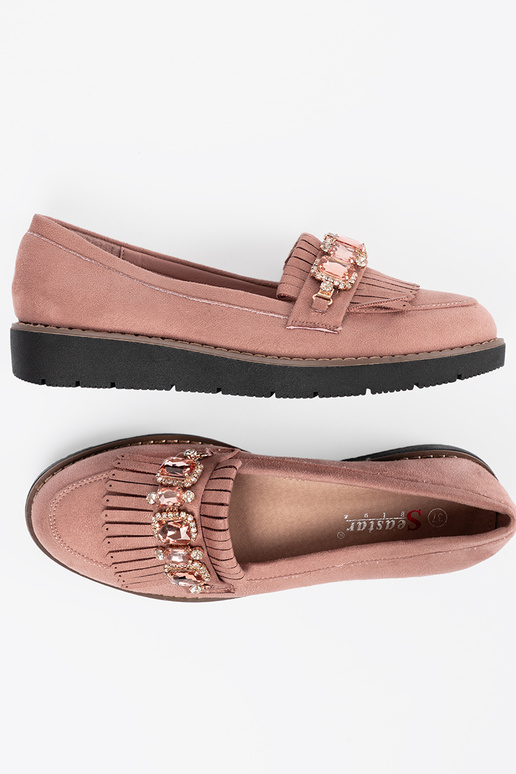 Tumeroosad värvi seemisnahk mokassiinid kaunistatud kristallidega