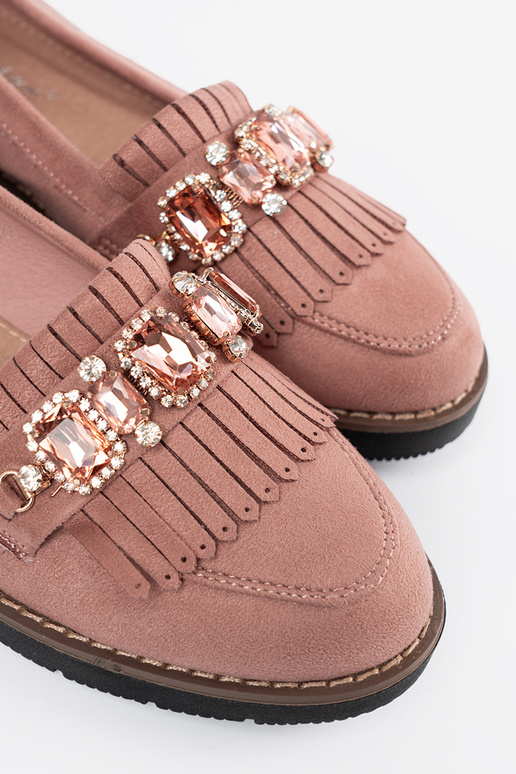 Tumeroosad värvi seemisnahk mokassiinid kaunistatud kristallidega