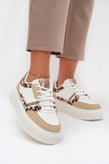 Naisten valged-kreemja värvi sneakers stiilis kingad platvormiga Big Star SS274357 leopardimustriga