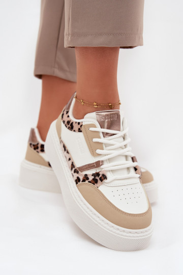 Naisten valged-kreemja värvi sneakers stiilis kingad platvormiga Big Star SS274357 leopardimustriga 2
