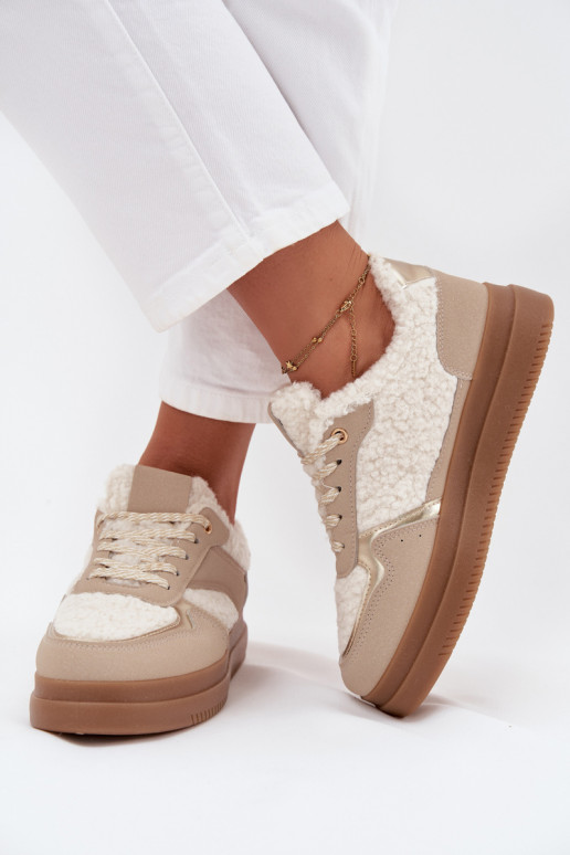 Sneakers tüüpi jalanõud Pealiste omad platvormiga karusnahaga Typu Baranek beeži värvi Frelina Sneakers tüüpi jalanõud Pealiste omad platvormiga karusnahaga Typu Baranek beeži värvi Frelina