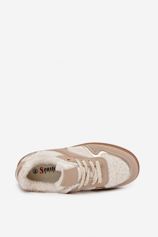 Sneakers tüüpi jalanõud Pealiste omad platvormiga karusnahaga Typu Baranek beeži värvi Frelina Sneakers tüüpi jalanõud Pealiste omad platvormiga karusnahaga Typu Baranek beeži värvi Frelina
