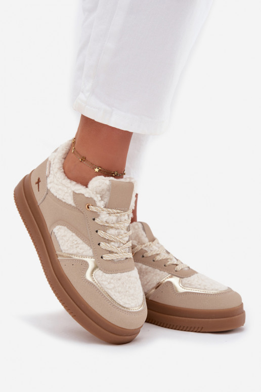 Sneakers tüüpi jalanõud Pealiste omad platvormiga karusnahaga Typu Baranek beeži värvi Frelina Sneakers tüüpi jalanõud Pealiste omad platvormiga karusnahaga Typu Baranek beeži värvi Frelina