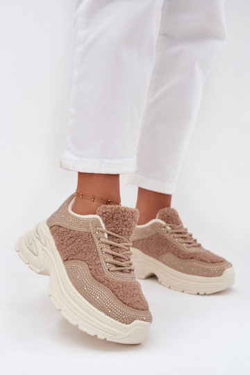 Sneakers tüüpi jalanõud Pealiste omad säravate kristallidega Ja karusnahk Typu Baranek beeži värvi Zarika
