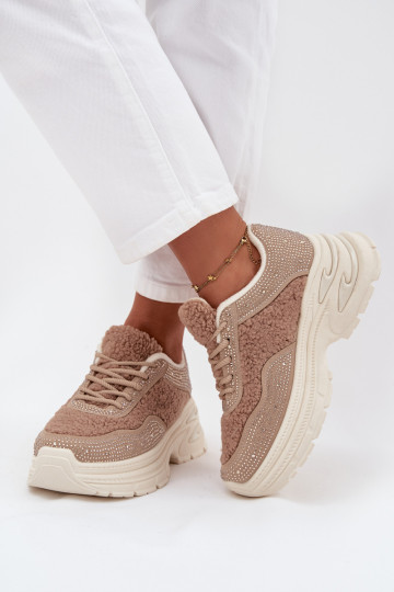 Sneakers tüüpi jalanõud Pealiste omad säravate kristallidega Ja karusnahk Typu Baranek beeži värvi Zarika 2