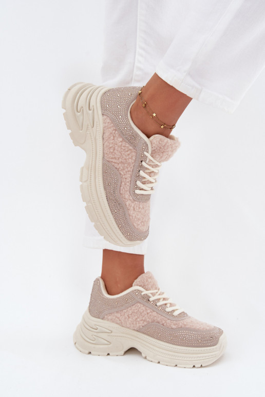 Sneakers tüüpi jalanõud Pealiste omad säravate kristallidega Ja karusnahk Typu Baranek Elevandiluu värvi Zarika