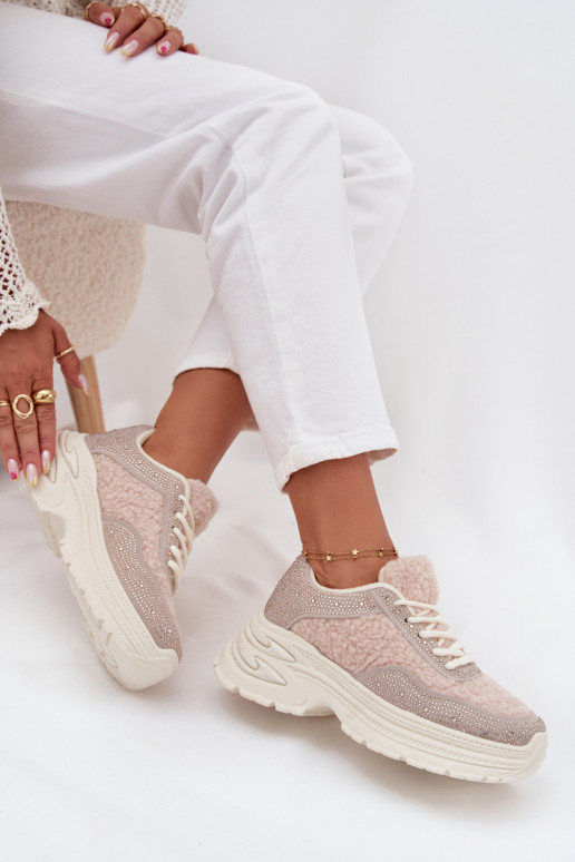 Sneakers tüüpi jalanõud Pealiste omad säravate kristallidega Ja karusnahk Typu Baranek Elevandiluu värvi Zarika