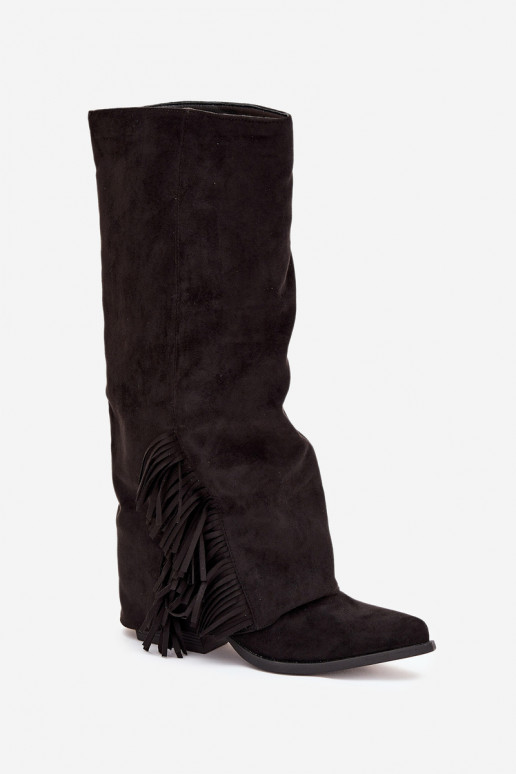 Sisseastutavad naiste pikad kauboistiilis saapad narmaste ja kontsaga, mustad Zalia