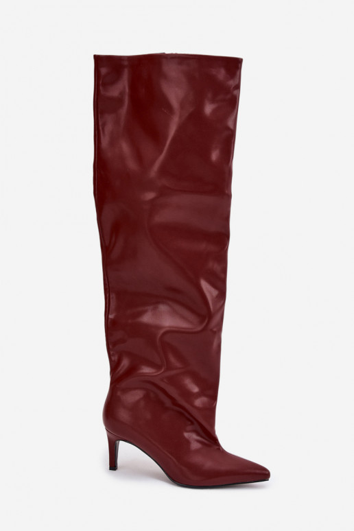 naiste pika säärega saapad kõrge jämeda kontsaga Slip-on bordoo-värvi Sellel onvilla