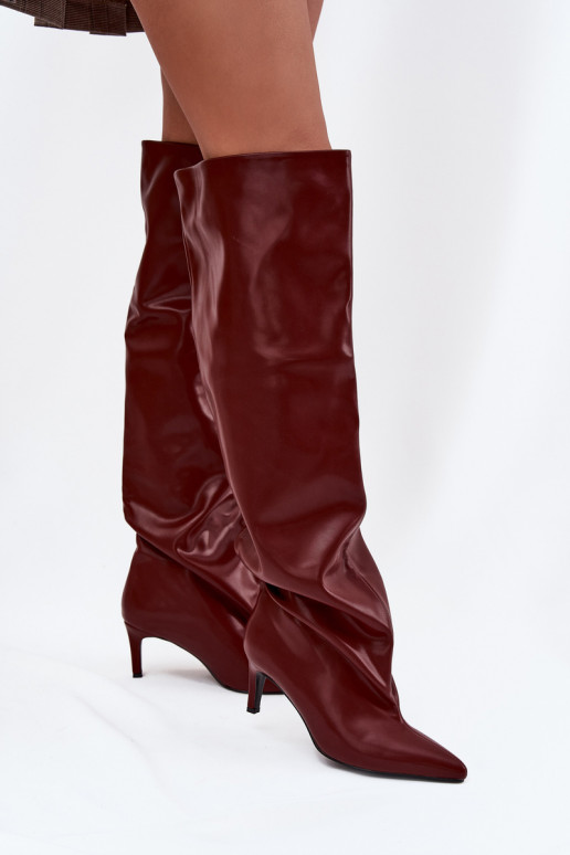 naiste pika säärega saapad kõrge jämeda kontsaga Slip-on bordoo-värvi Sellel onvilla