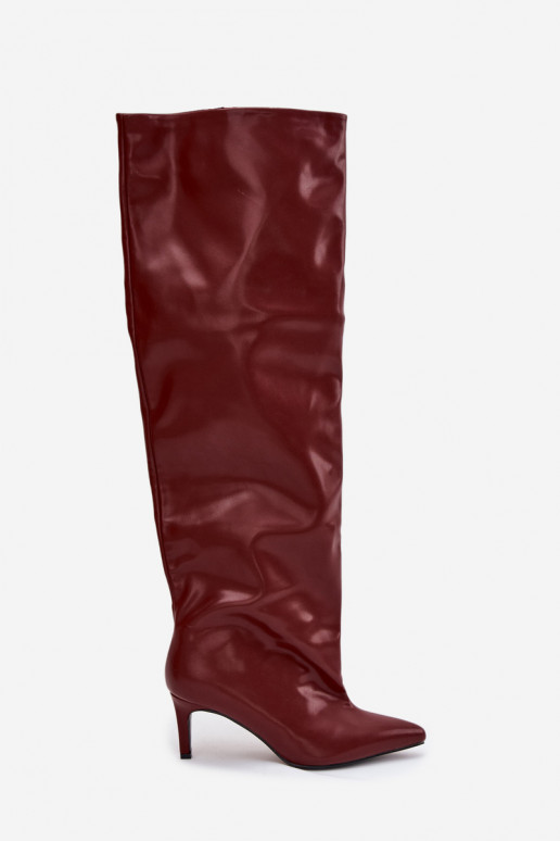 naiste pika säärega saapad kõrge jämeda kontsaga Slip-on bordoo-värvi Sellel onvilla