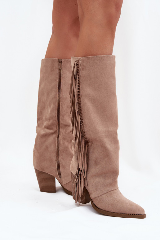 Kübarastiilis naiste pikad saapad frange ja kontsadega liivakarva Tivara Kübarastiilis naiste pikad saapad frange ja kontsadega liivakarva Tivara