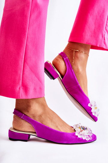 Seemisnahast baleriinad kõrge jämeda kontsaga kaunistustega Tume roosa Elenie