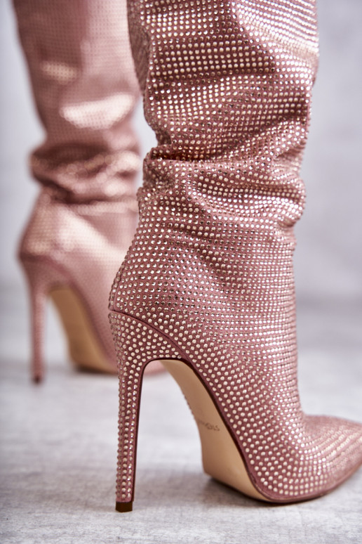 Moekad pika säärega saapad kõrge jämeda kontsaga säravate kristallidega Tumeroosad värvi Lovisa Moekad pika säärega saapad kõrge jämeda kontsaga säravate kristallidega Tumeroosad värvi Lovisa