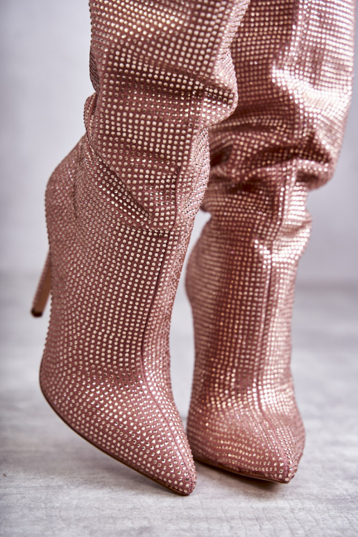 Moekad pika säärega saapad kõrge jämeda kontsaga säravate kristallidega Tumeroosad värvi Lovisa Moekad pika säärega saapad kõrge jämeda kontsaga säravate kristallidega Tumeroosad värvi Lovisa