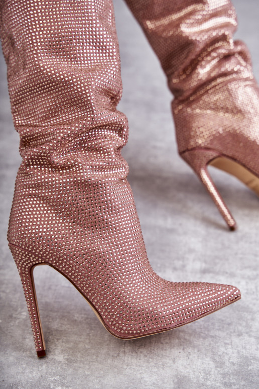 Moekad pika säärega saapad kõrge jämeda kontsaga säravate kristallidega Tumeroosad värvi Lovisa Moekad pika säärega saapad kõrge jämeda kontsaga säravate kristallidega Tumeroosad värvi Lovisa