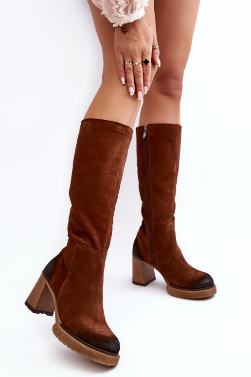 seemisnakhsed naiste pika säärega saapad kõrge jämeda kontsaga Enne Põlve Lemar tumepruuni värvi Ceraxa