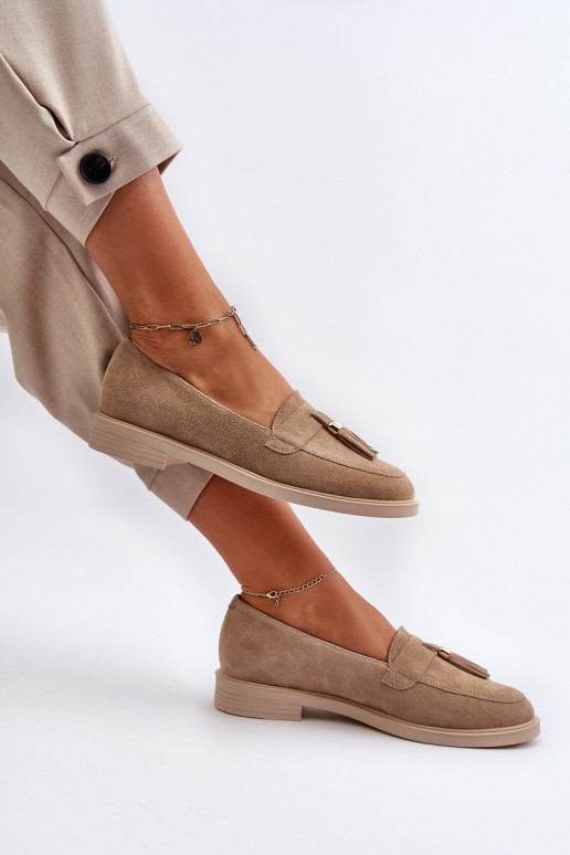 Zazoo 3420 Seemisnahast mokassiinid Pealiste omad laiade nööridega beeži värvi