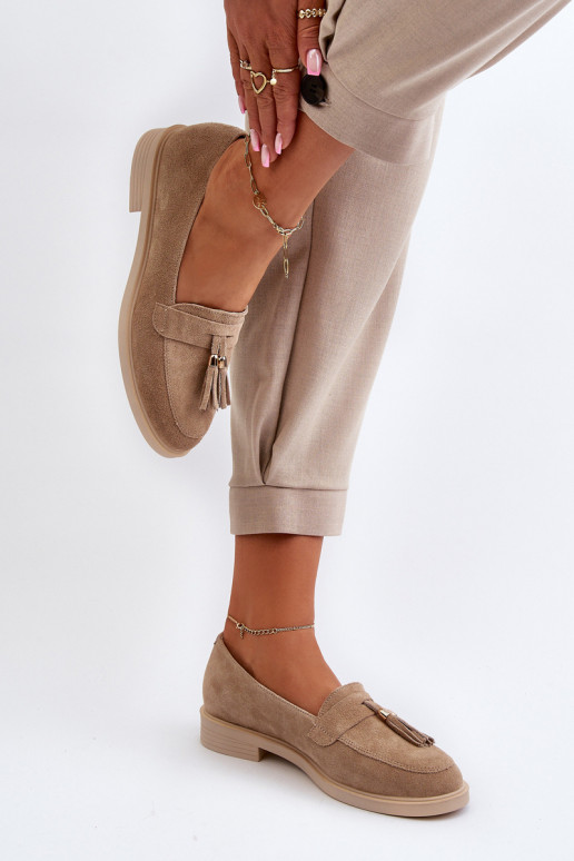 Zazoo 3420 Seemisnahast mokassiinid Pealiste omad laiade nööridega beeži värvi