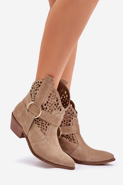 Seemisnahast kingad Kauboi saapad Ažuurne kõrge jämeda kontsaga Zazoo 2994 beeži värvi Seemisnahast kingad Kauboi saapad Ažuurne kõrge jämeda kontsaga Zazoo 2994 beeži värvi