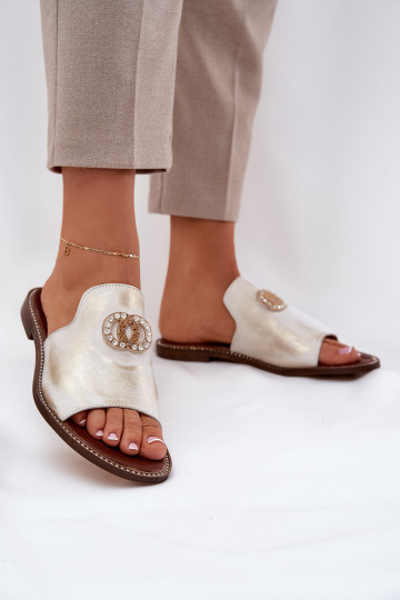 Elegantsed Plätud naturaalsest nahast Pealiste omad kaunistustega Zazoo 3008 Kuldset värvi Przecierany 2