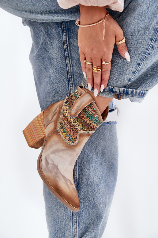 Pealhk kauboistiilis saapad kõrge jämeda kontsaga kaunistustega Plecionką Sellel onciejka 06810-29 Mitmevärvilised