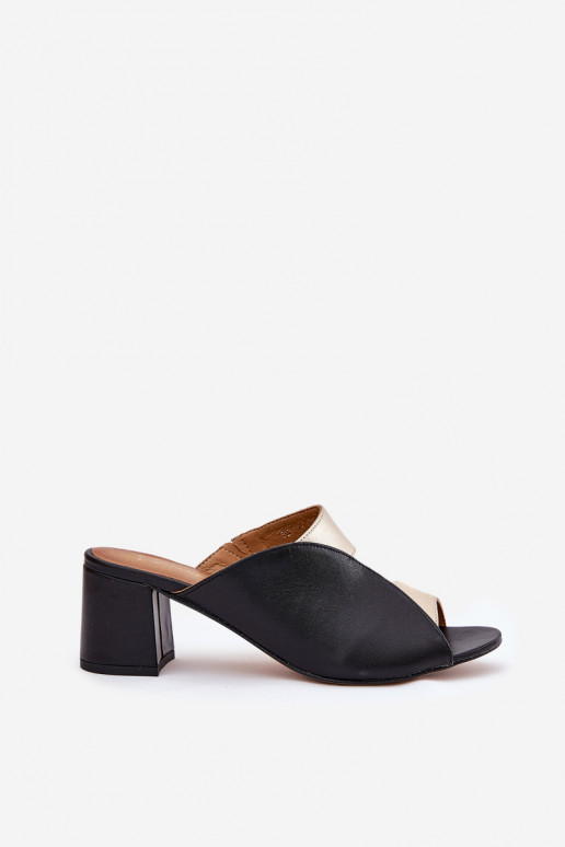 Plätud naturaalsest nahast Pealiste omad kõrge jämeda kontsaga Sellel onciejka 06943-25 Must-Kuldset värvi Plätud naturaalsest nahast Pealiste omad kõrge jämeda kontsaga Sellel onciejka 06943-25 Must-Kuldset värvi