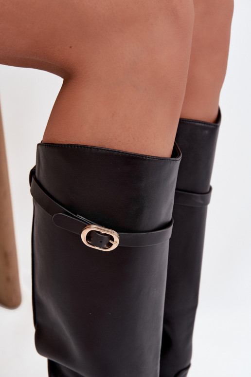 Naiste pikad saapad laia kontsaga, rihmade ja kuldsete pandlatega, must, Sylvena