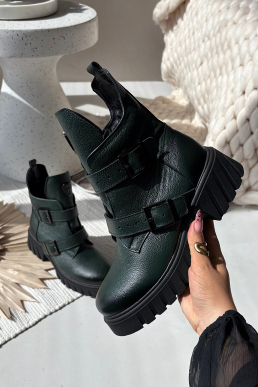 Nahkased soojustatud naiste saapad kinnitustega ja dekoratiivsete detailidega, Zazoo 60482, khaki värv Nahkased soojustatud naiste saapad kinnitustega ja dekoratiivsete detailidega, Zazoo 60482, khaki värv