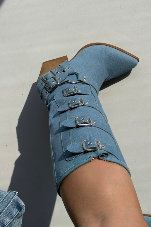 Kauboi stiilis pikad saapad kontsade ja pandlitega, teksakangast, Fivelle