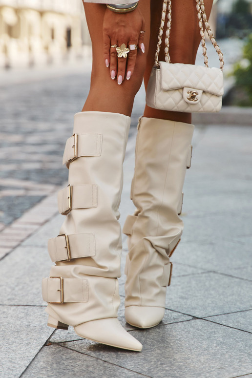 Naiste pikad saapad kontsaga, õmmeldud sääre ja kuldsete pandlitega elevandiluuvärvi Isavelle