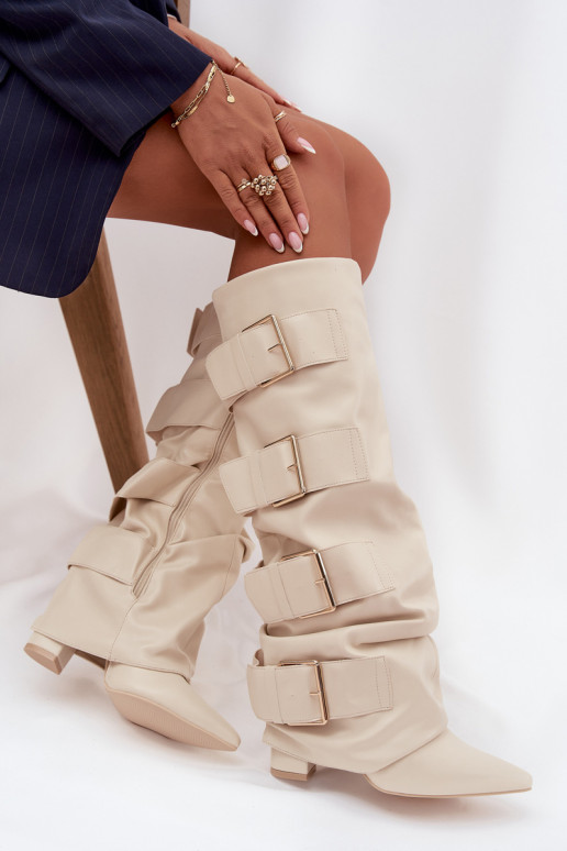 Naiste pikad saapad kontsaga, õmmeldud sääre ja kuldsete pandlitega elevandiluuvärvi Isavelle