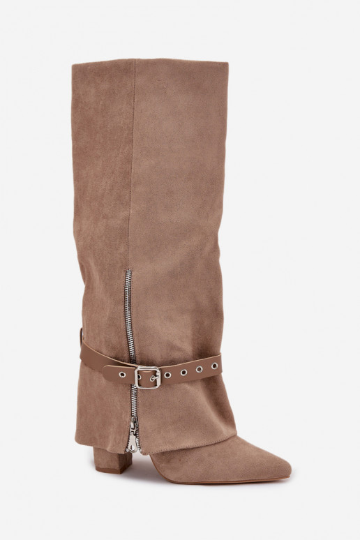 Naiste pikad saapad slip-on mudeliga kontsaga, dekoratiivsete kontsadega beeži värvi Jolivine