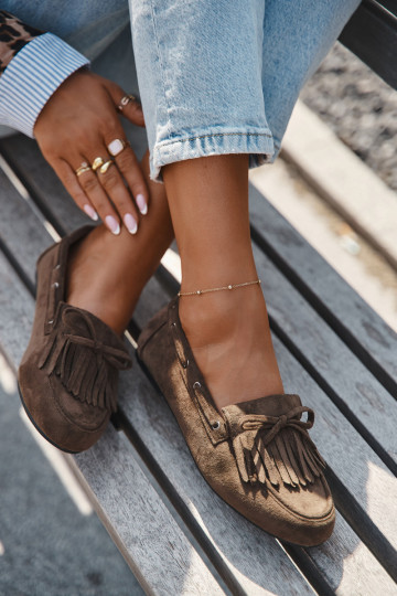 Naiste mokasiinid franskeeride ja kokardaga khaki värvi "Olivianne"