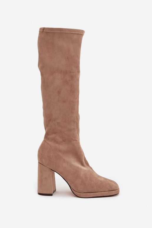 Naise pikad saapad õmblustega postkontsa liivakarva "Brivana"