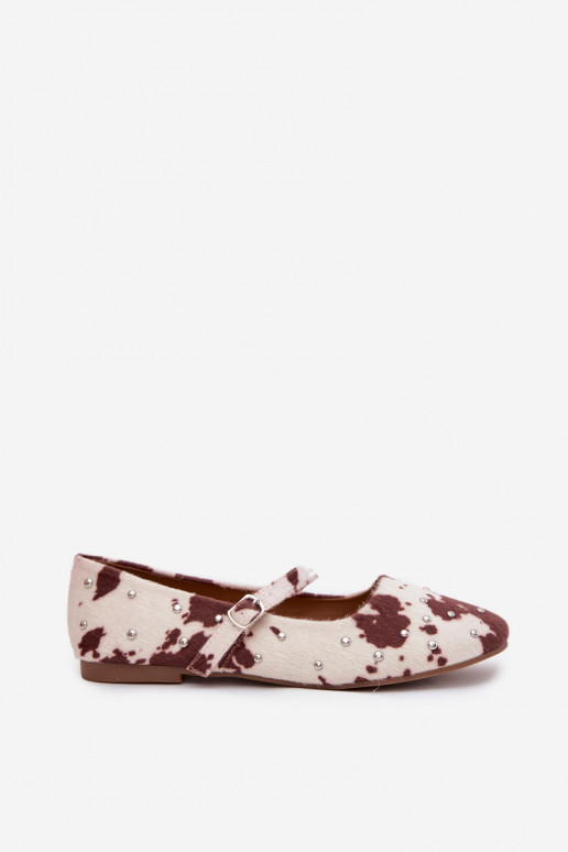 Olivisse kaunistatud naiste ballerina kingad rihmadega triibulised valge-pruuni värvi