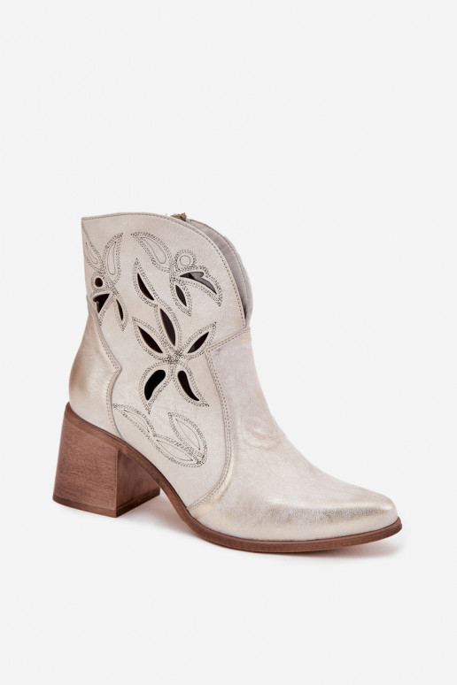 Pealiste poolsaapad AžuurnePealturalnej Skóry kõrge jämeda kontsaga Zazoo 3690 Kuldset värvi Przecierany Pealiste poolsaapad AžuurnePealturalnej Skóry kõrge jämeda kontsaga Zazoo 3690 Kuldset värvi Przecierany