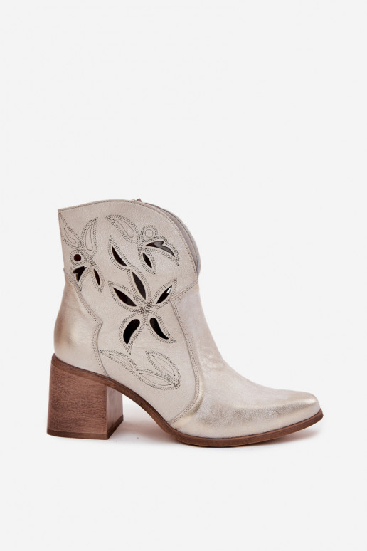 Pealiste poolsaapad AžuurnePealturalnej Skóry kõrge jämeda kontsaga Zazoo 3690 Kuldset värvi Przecierany Pealiste poolsaapad AžuurnePealturalnej Skóry kõrge jämeda kontsaga Zazoo 3690 Kuldset värvi Przecierany