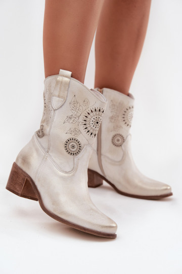 seemisnakhsed Pealhk Pealiste poolsaapad Ažuurne kõrge jämeda kontsaga Zazoo 3844 Kuldset värvi Przecierany 2