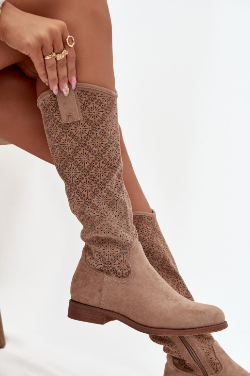 naiste pika säärega saapad Ažuurne laiade nööridega S.Barski HY52-534 beeži värvi naiste pika säärega saapad Ažuurne laiade nööridega S.Barski HY52-534 beeži värvi