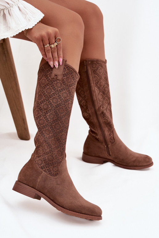 naiste pika säärega saapad Ažuurne laiade nööridega S.Barski HY52-534 pruunid värvi